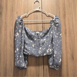 Aritzia Novella Floral Blue and White Sweetheart Neckline Blouse